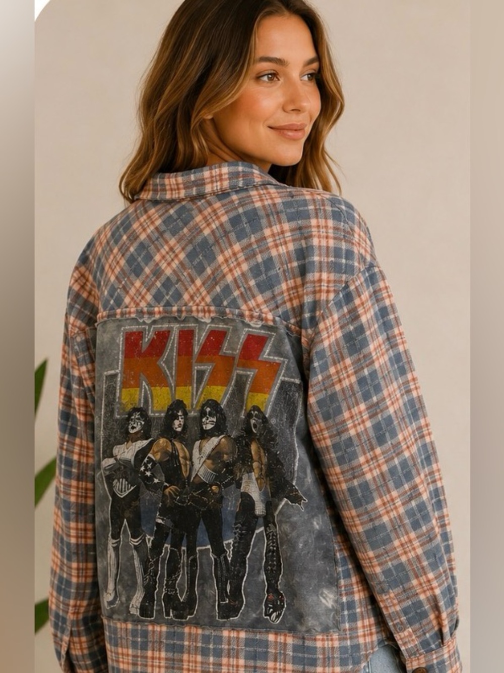 Veveret Upcycled Plaid Flannel Jacket with KISS Graphic Patch - Size Small